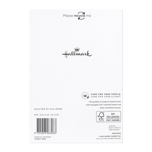 Halcyon by Hallmark All Occasion Card – For you! card back view featuring recycling info, brand logo, and care instructions.