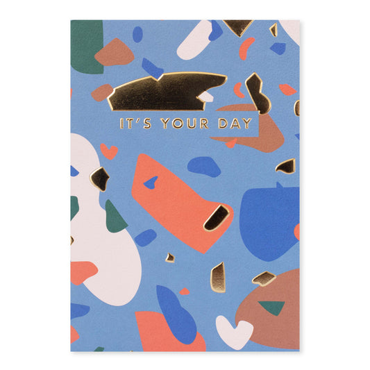 Halcyon by Hallmark All Occasion Card – Abstract Shapes featuring colourful abstract design and foil text in a flat lay view.