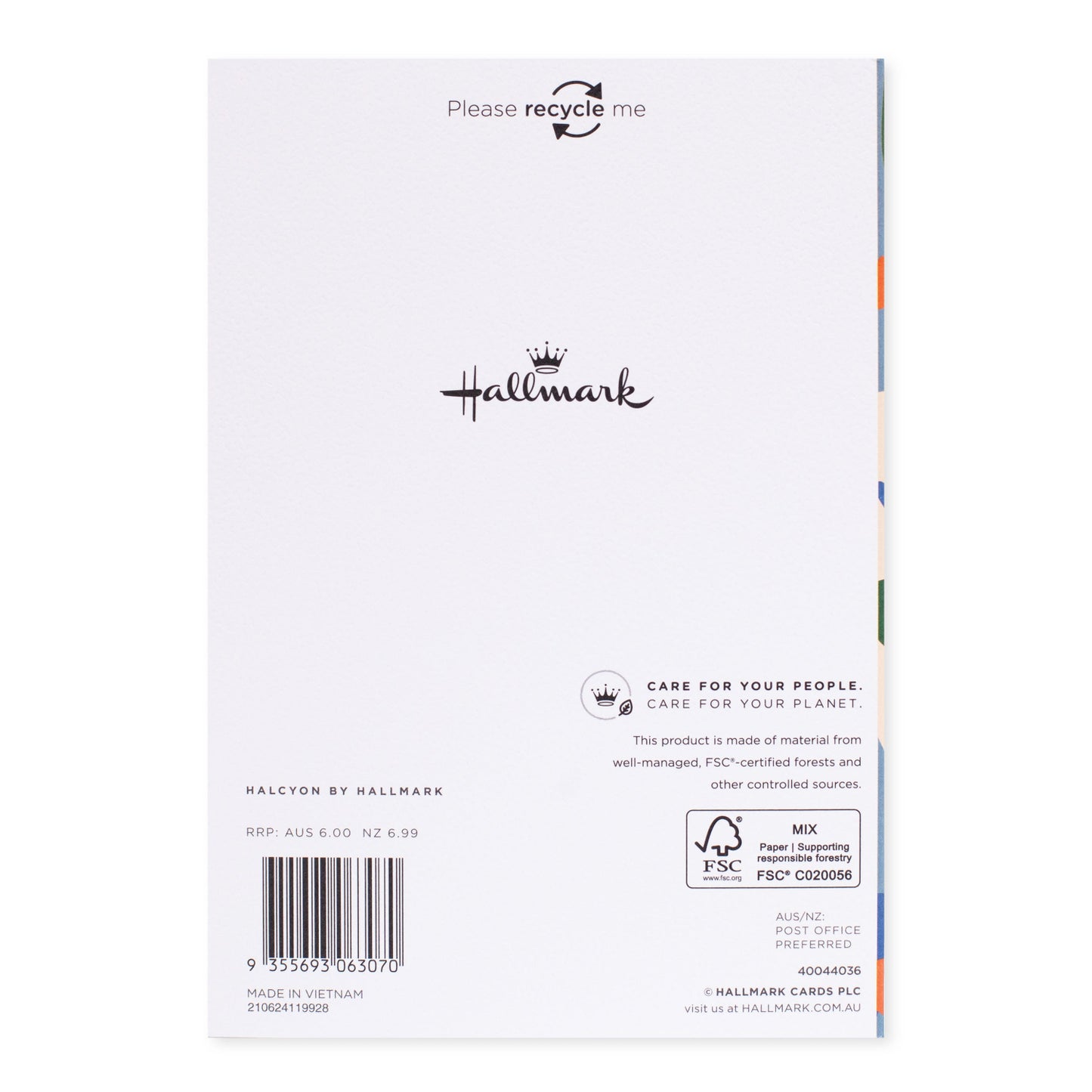 Halcyon by Hallmark All Occasion Card – Abstract Shapes, back view showing logo, recycling note, and colourful border details.