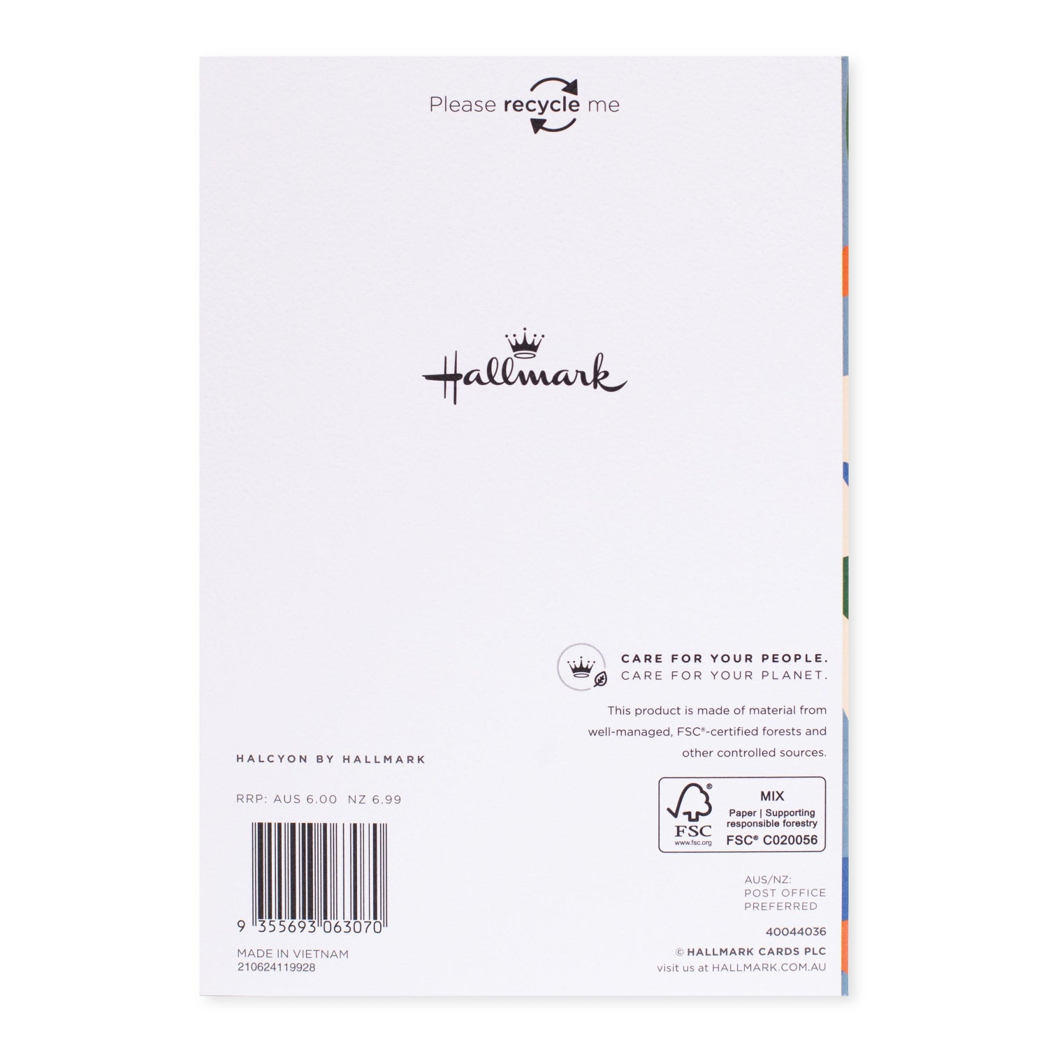 Halcyon by Hallmark All Occasion Card – Abstract Shapes, back view showing logo, recycling note, and colourful border details.