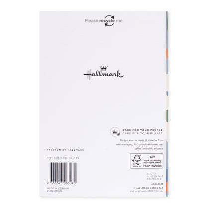 Halcyon by Hallmark All Occasion Card – Abstract Shapes, back view showing logo, recycling note, and colourful border details.