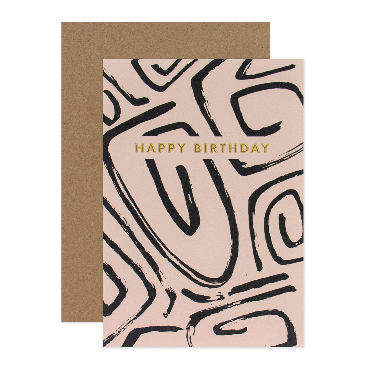 Halcyon by Hallmark Birthday Card – Black Squiggles featuring abstract black patterns on beige, paired with a kraft envelope.