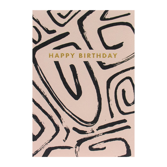 Halcyon by Hallmark Birthday Card – Black Squiggles, structured abstract design in black on beige, featuring gold text, flat view.