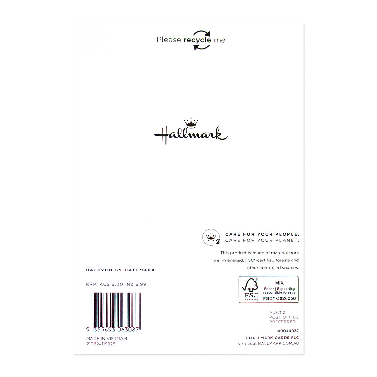 Halcyon by Hallmark Birthday Card – Black Squiggles back view showing logo, recycling information and craft paper texture.