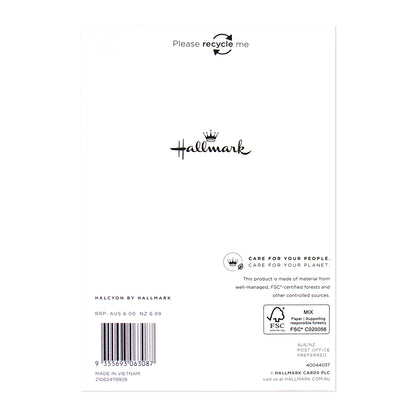 Halcyon by Hallmark Birthday Card – Black Squiggles back view showing logo, recycling information and craft paper texture.