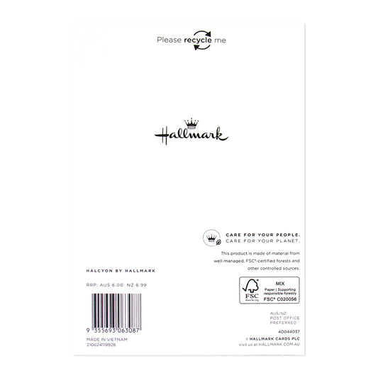 Halcyon by Hallmark Birthday Card – Black Squiggles back view showing logo, recycling information and craft paper texture.