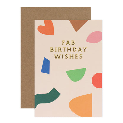 Halcyon by Hallmark Birthday Card – Fab Birthday Wishes, light pink design with colourful abstract shapes and gold foil text, flat layout with kraft envelope.
