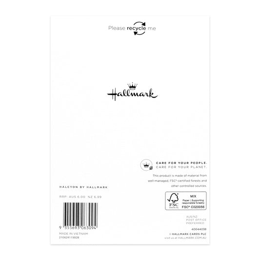 Halcyon by Hallmark Birthday Card – Fab Birthday Wishes back design featuring logo, recycling message and care instructions on white textured stock.