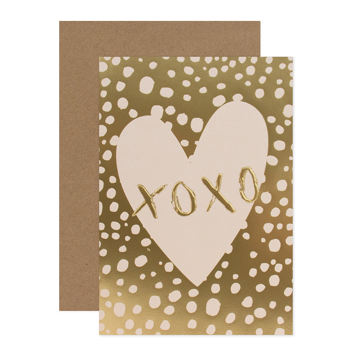 Halcyon by Hallmark All Occasion Card – XOXO with a gold speckled design, featuring a large white heart and blank inside for personal messages.