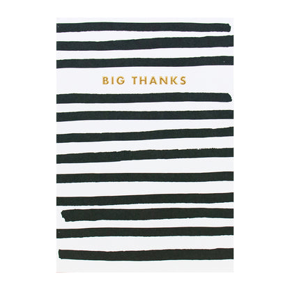 Halcyon by Hallmark Thank You Card – Big Thanks featuring horizontal black stripes and gold foil text, flat lay view.