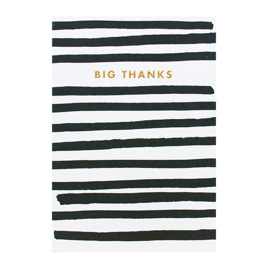 Halcyon by Hallmark Thank You Card – Big Thanks featuring horizontal black stripes and gold foil text, flat lay view.