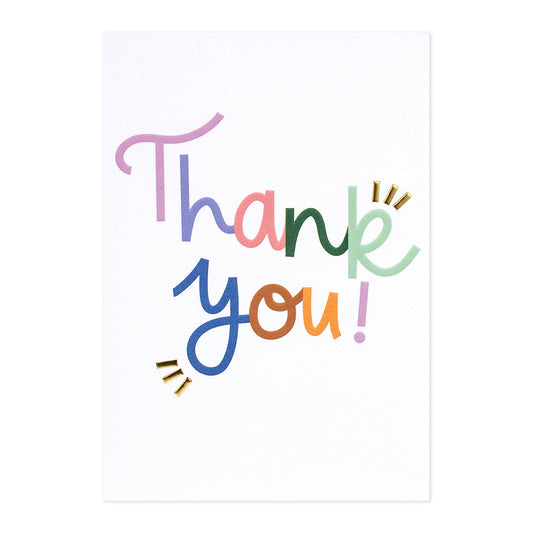 Halcyon by Hallmark Thank You Card – Colorful Thank You featuring playful text design in various colours on textured stock.