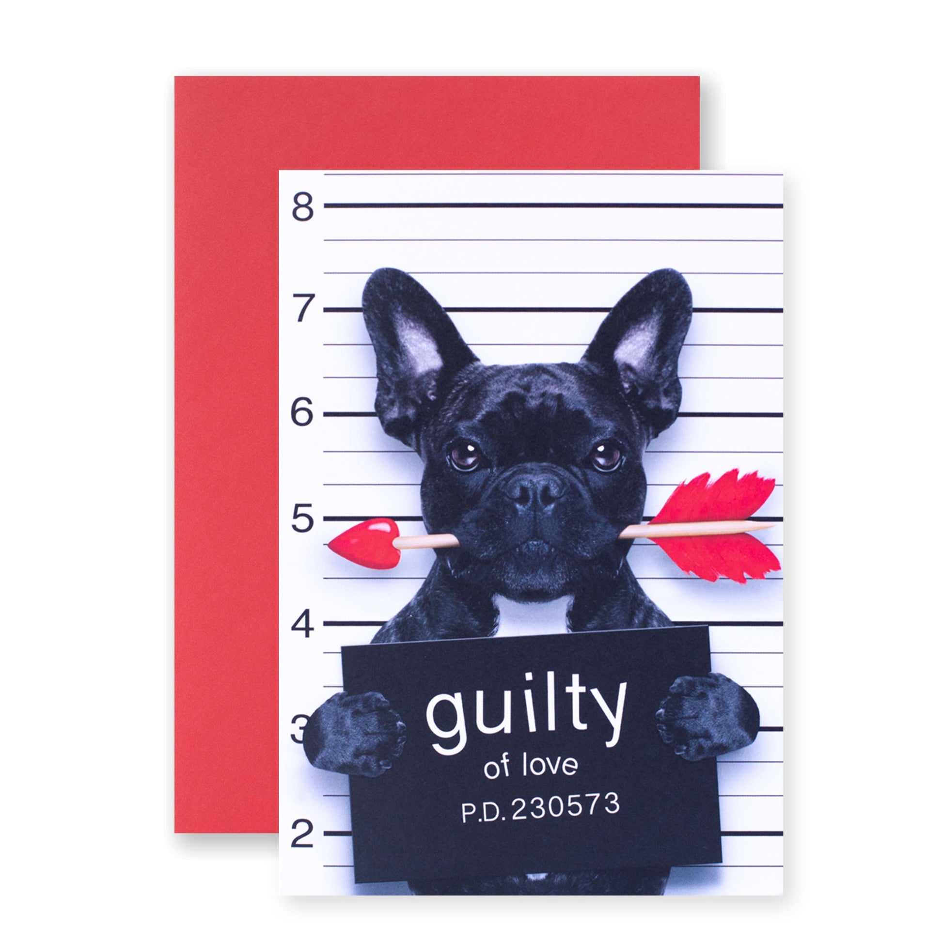 Hallmark Love Card - Guilty of Love featuring a cute dog mugshot design with a red envelope, showcasing a playful love theme.