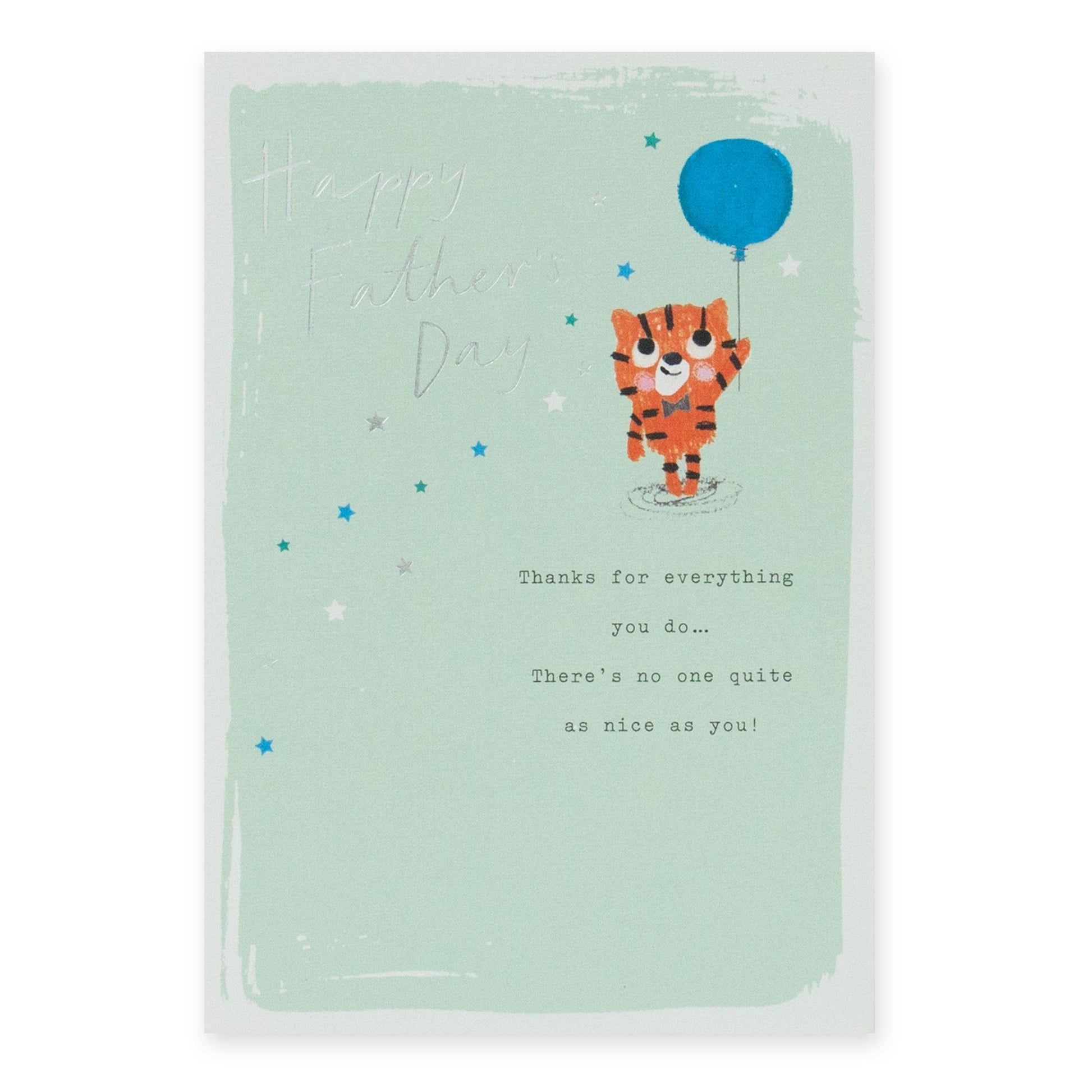Hallmark Father's Day Card - Everything You Do with tiger illustration, balloon, and silver foil highlights on pastel background.