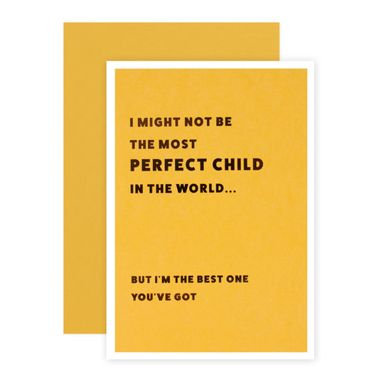 Hallmark Father's Day Card - Best Child You've Got with yellow envelope, featuring humorous text and brown foil highlights, flat lay view.