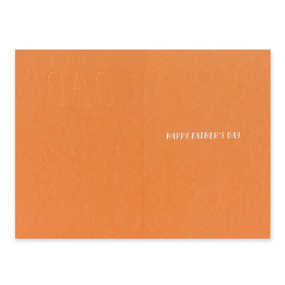Hallmark Father's Day card - Thanks For Never Giving Up On Me, orange interior, embossed message, flat view