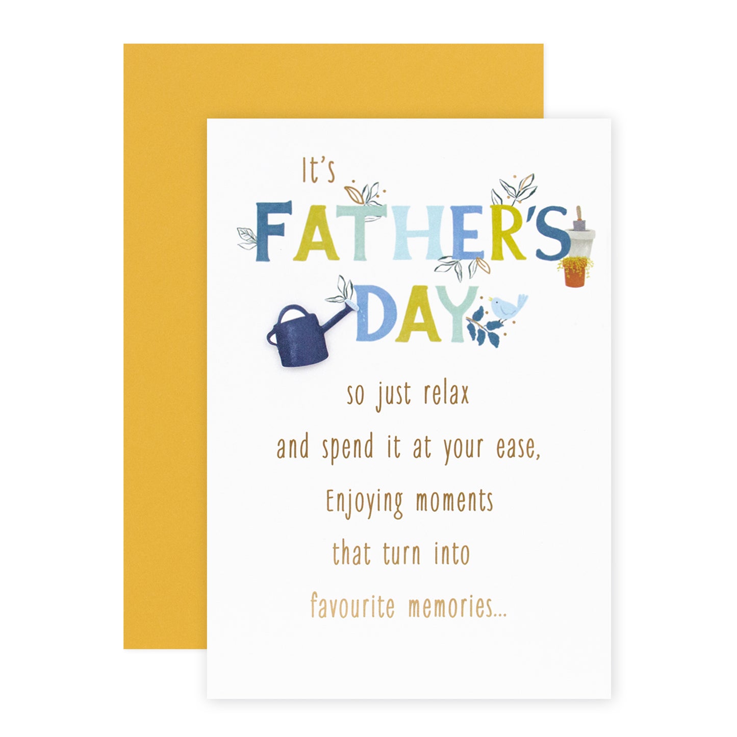 Hallmark Father's Day Card - Gardening Goodies featuring a colourful design with leaves and illustrations of a watering can and drink on a white background.