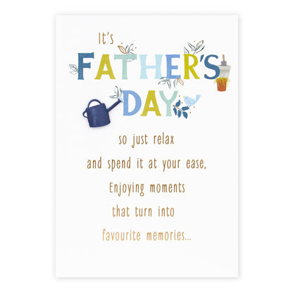 Hallmark Father's Day Card - Gardening Goodies featuring a colourful design with a watering can, leaves, and heartfelt message.