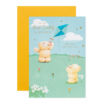 Hallmark Father's Day Card - Best Daddy Forever Friends featuring adorable bears flying a kite with gold foil details and a vibrant background.