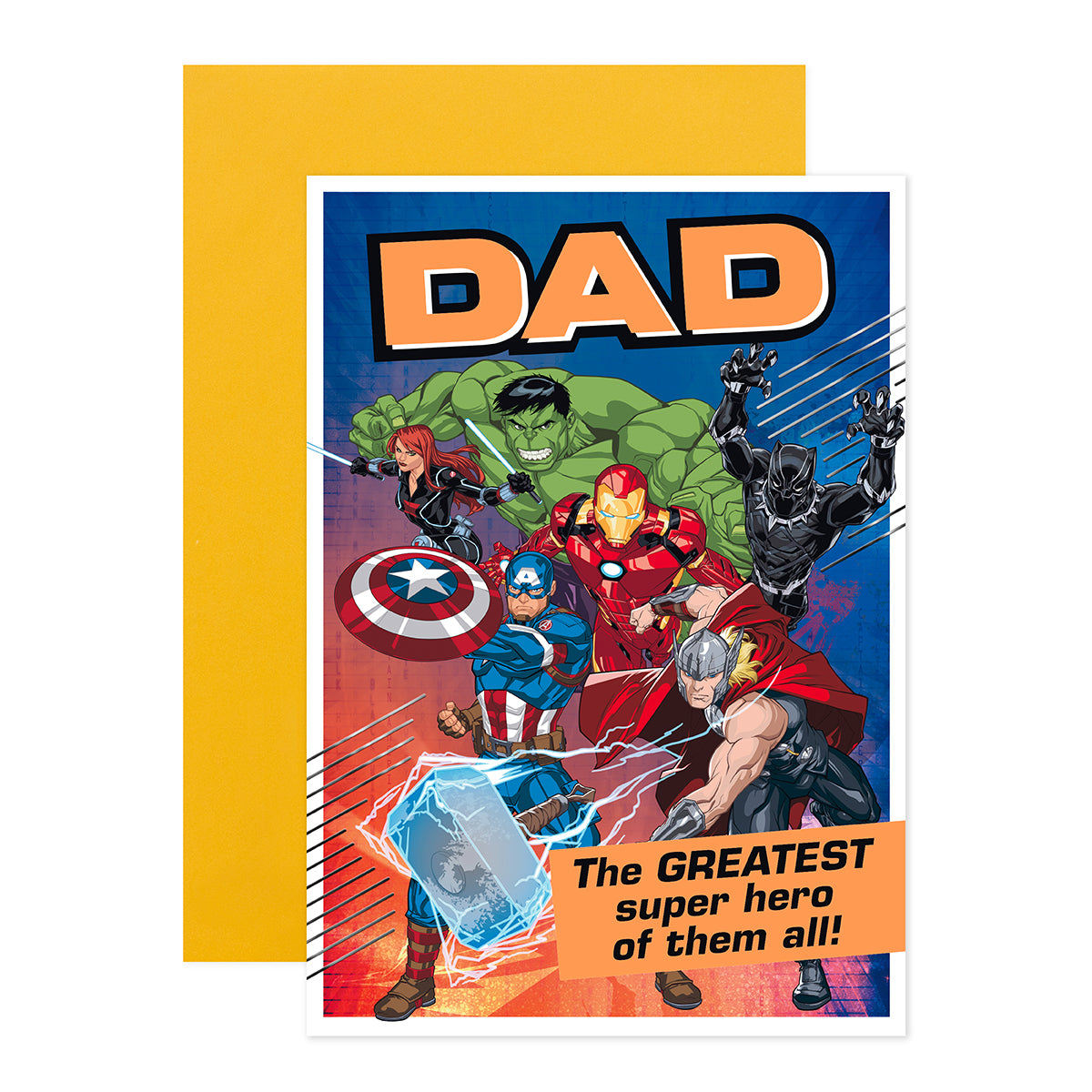Hallmark Father's Day Card - Marvel Avengers "The Greatest Super Hero" featuring vibrant comic art of superheroes with a yellow envelope.