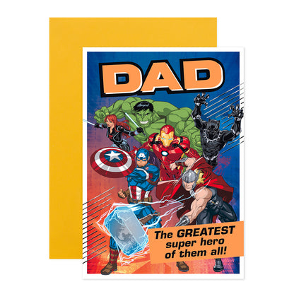 Hallmark Father's Day Card - Marvel Avengers "The Greatest Super Hero" featuring vibrant comic art of superheroes with a yellow envelope.