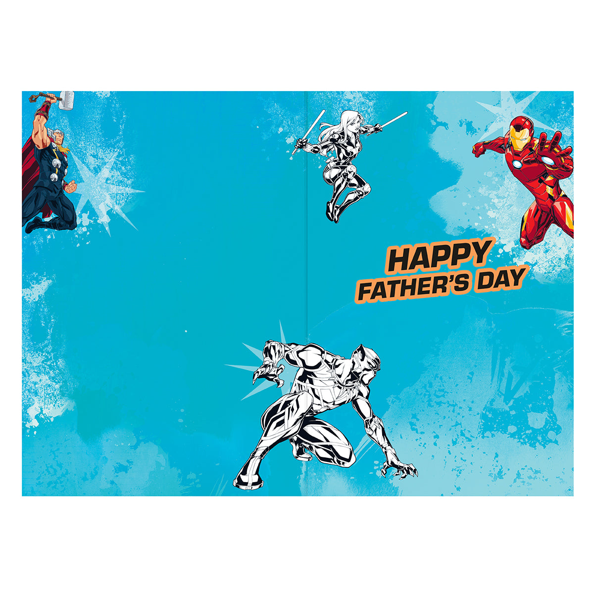 Hallmark Father's Day Card - Marvel Avengers "The Greatest Super Hero" featuring superheroes Thor, Black Widow, Iron Man, and Silver Surfer on a blue background.