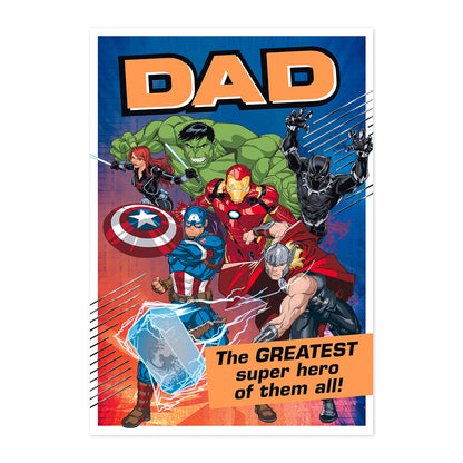 Hallmark Father's Day card - Marvel Avengers 'The Greatest Super Hero' featuring vibrant characters and bold text design.