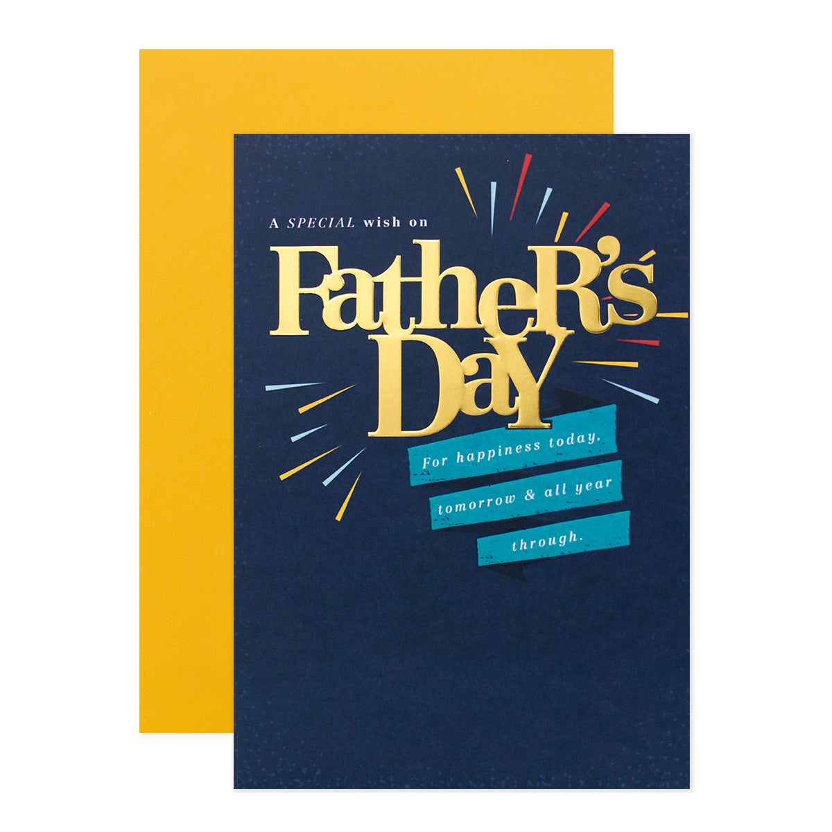 Hallmark Father's Day Card - For Happiness, navy blue cover with gold text and mustard envelope, angled view.