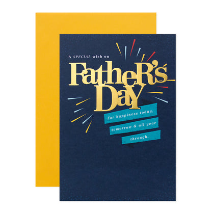 Hallmark Father's Day Card - For Happiness, navy blue cover with gold text and mustard envelope, angled view.