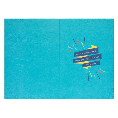 Hallmark Father's Day Card - For Happiness, interior view with colourful design elements and warm message in blue and yellow.