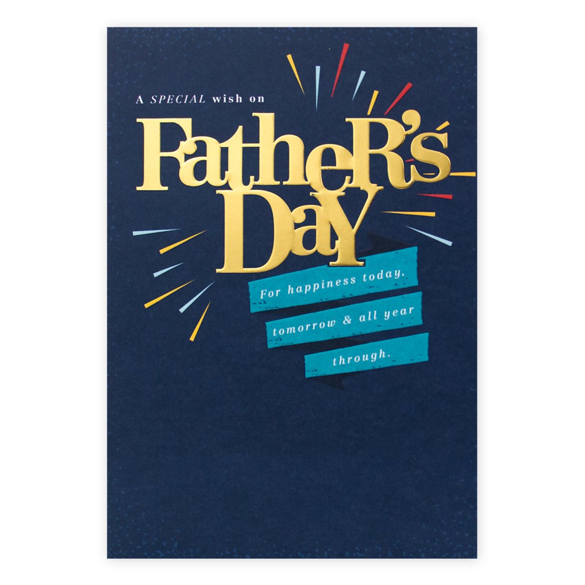Hallmark Father's Day Card - For Happiness featuring bright gold lettering on navy background, celebrating Father's Day.