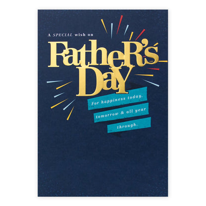 Hallmark Father's Day Card - For Happiness featuring bright gold lettering on navy background, celebrating Father's Day.