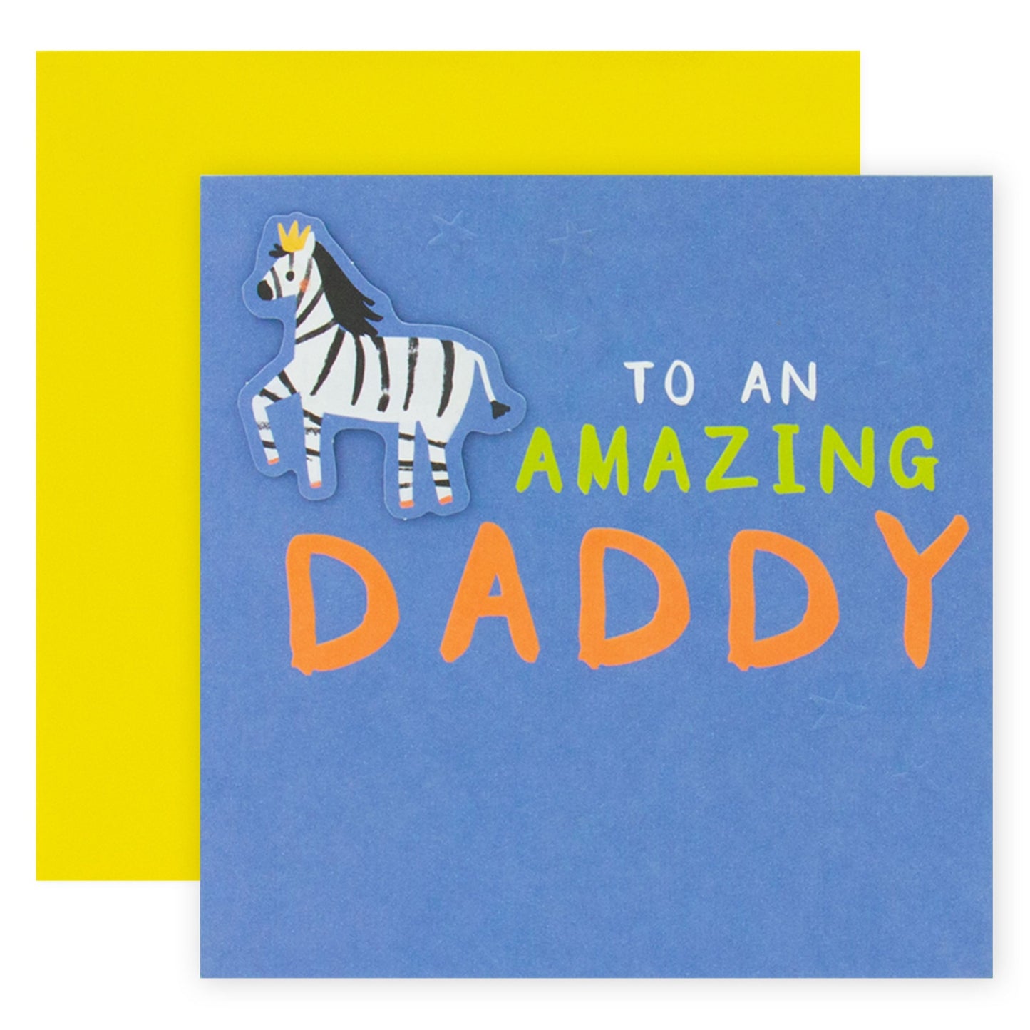 Hallmark Father's Day Card - Amazing Daddy, square card with a zebra illustration and vibrant yellow background.