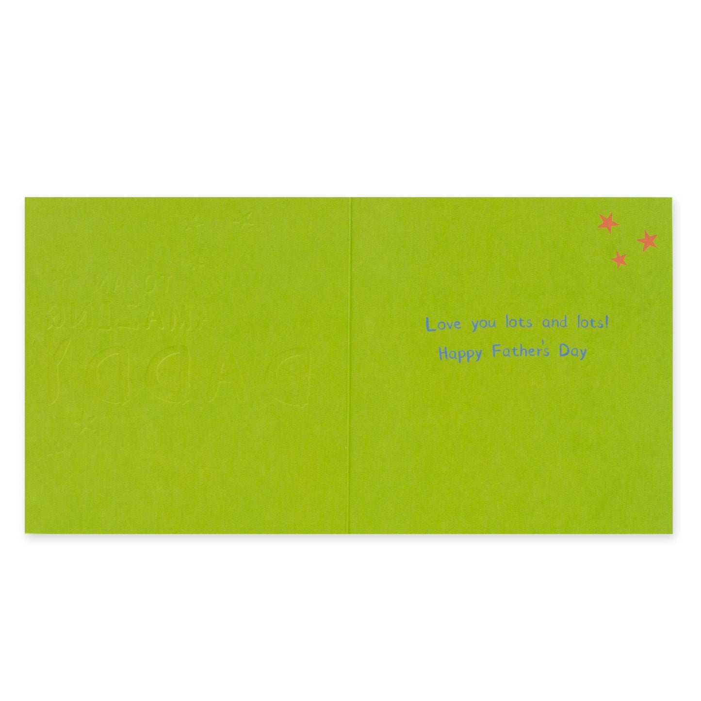 Hallmark Father's Day Card - Amazing Daddy, interior view, features embossed text and colourful stars, with heartfelt message inside.