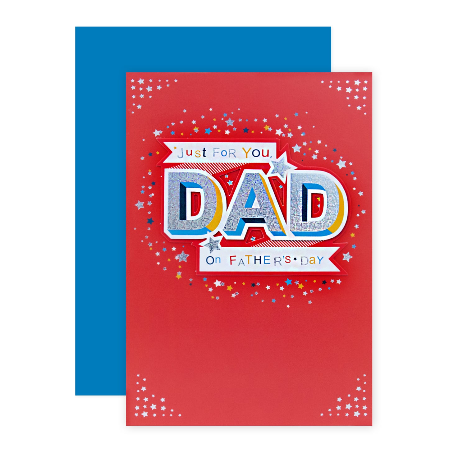 Hallmark Father's Day Card - The Best with holographic lettering and star illustrations, presented against a vibrant red background.