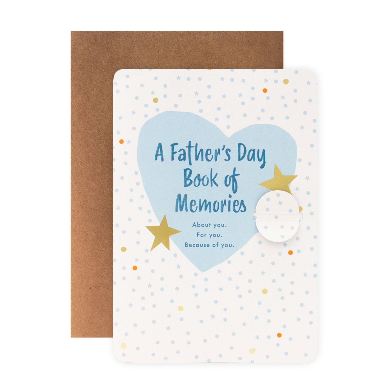 Hallmark Father's Day Card - Book of Memories with heart design and gold foil highlights on a light blue background, flat lay view.