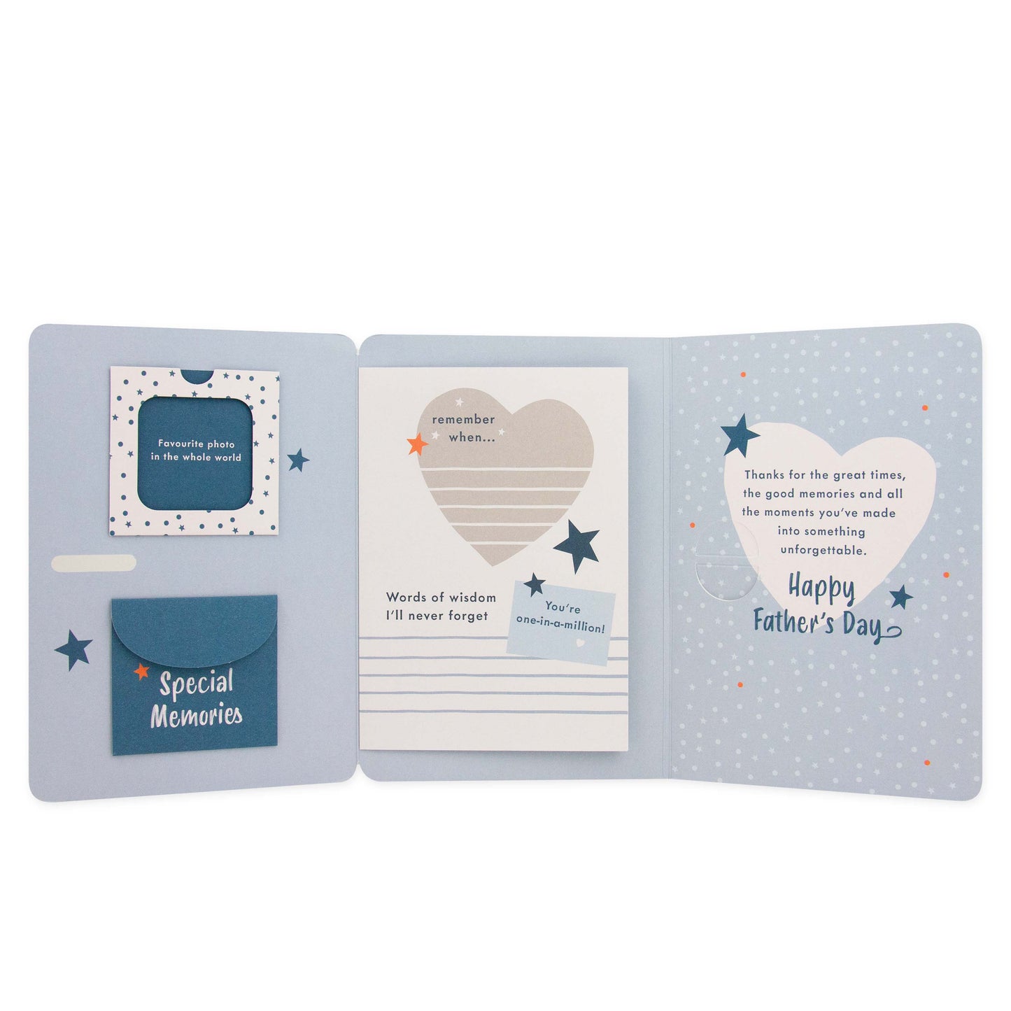 Hallmark Father's Day Card - Book of Memories, open with inner illustrations, blue design, heartfelt messages and memory cards.