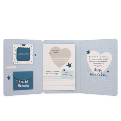 Hallmark Father's Day Card - Book of Memories, open with inner illustrations, blue design, heartfelt messages and memory cards.