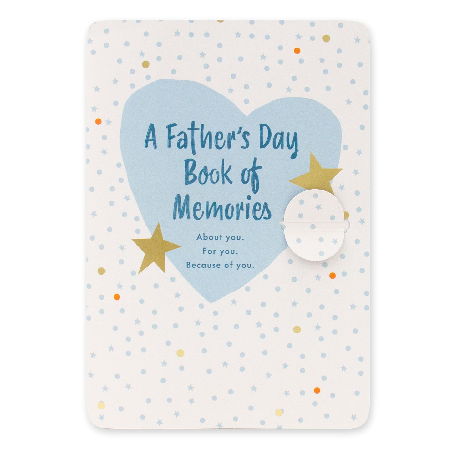 Hallmark Father's Day Card - Book of Memories with blue heart, gold stars, and multicoloured dots on front, flat view.