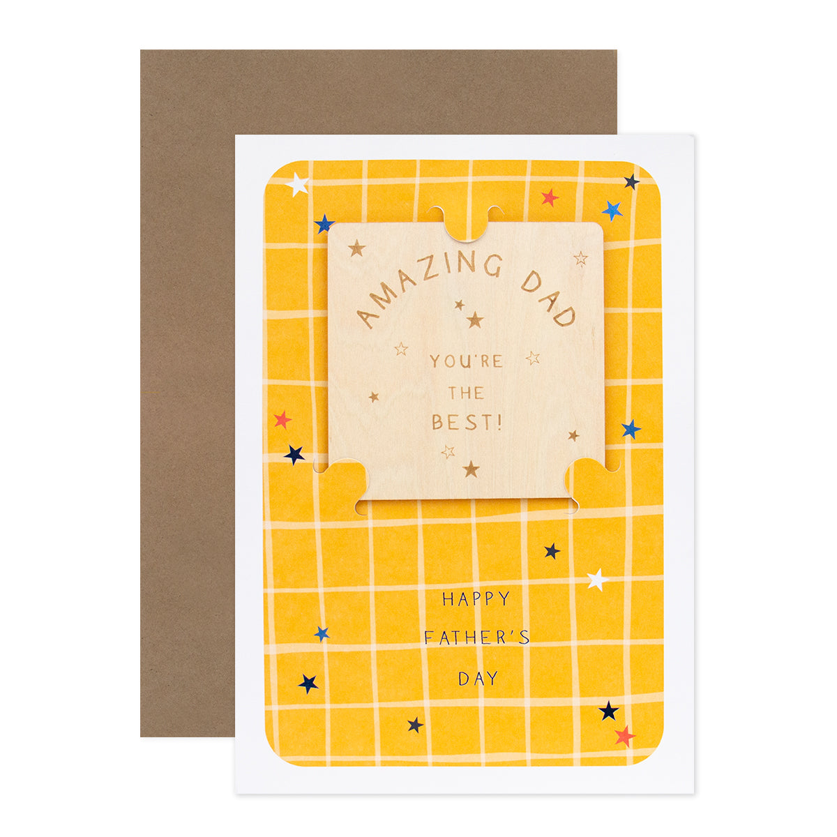 Hallmark Father's Day Card - Amazing Dad (With Removable Coaster) showing yellow grid design with star illustrations and removable coaster