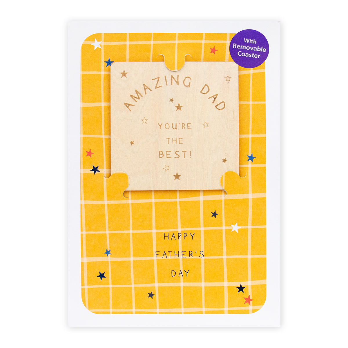 Hallmark Father's Day Card - Amazing Dad (With Removable Coaster) featuring colourful stars on a yellow grid background and a wooden coaster.