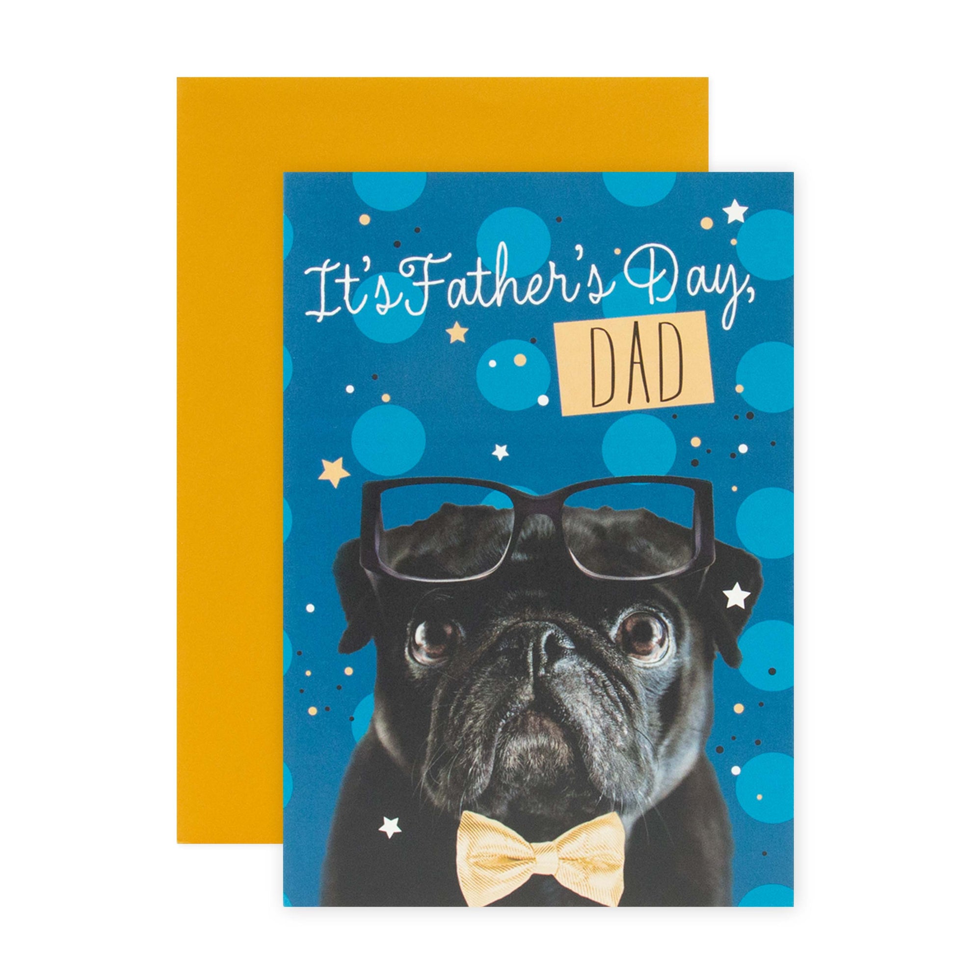 Hallmark Father's Day Card - Top Dog featuring a pug in glasses and bowtie on a blue background with yellow envelope.