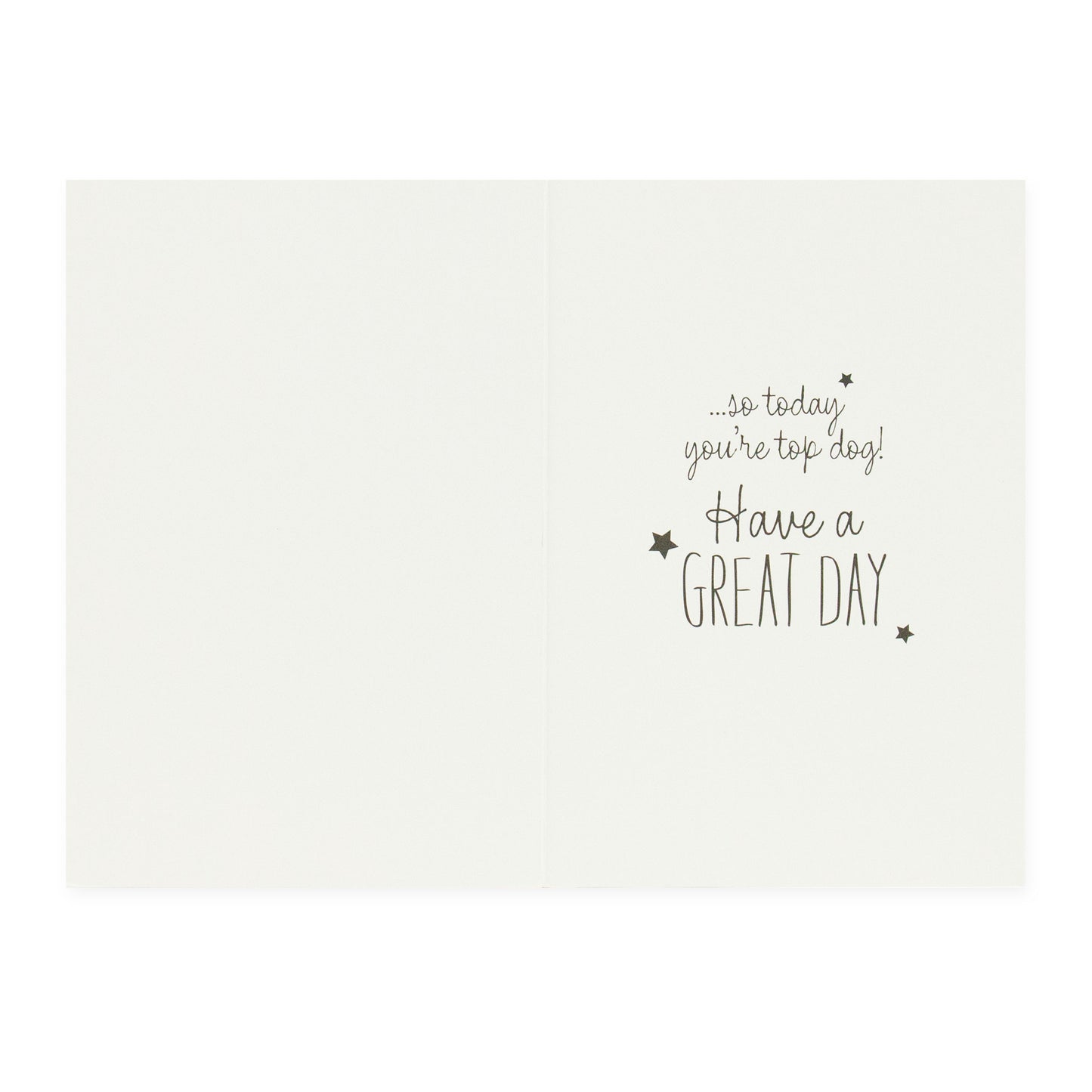 Hallmark Father's Day Card - Top Dog, inside view with text saying 'so today you're top dog! Have a GREAT DAY' and stars.