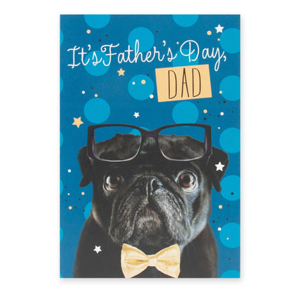 Hallmark Father's Day Card - Top Dog featuring a pug in glasses and a bowtie against a blue background with star illustrations.