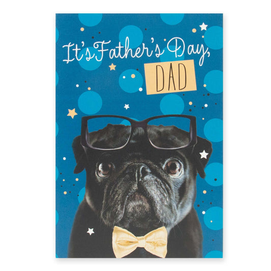 Hallmark Father's Day Card - Top Dog featuring a pug in glasses and a bowtie against a blue background with star illustrations.