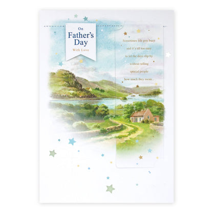 Hallmark Father's Day Card - Country Landscape (With Detachable Bookmark) featuring a serene country scene and gold foil accents.