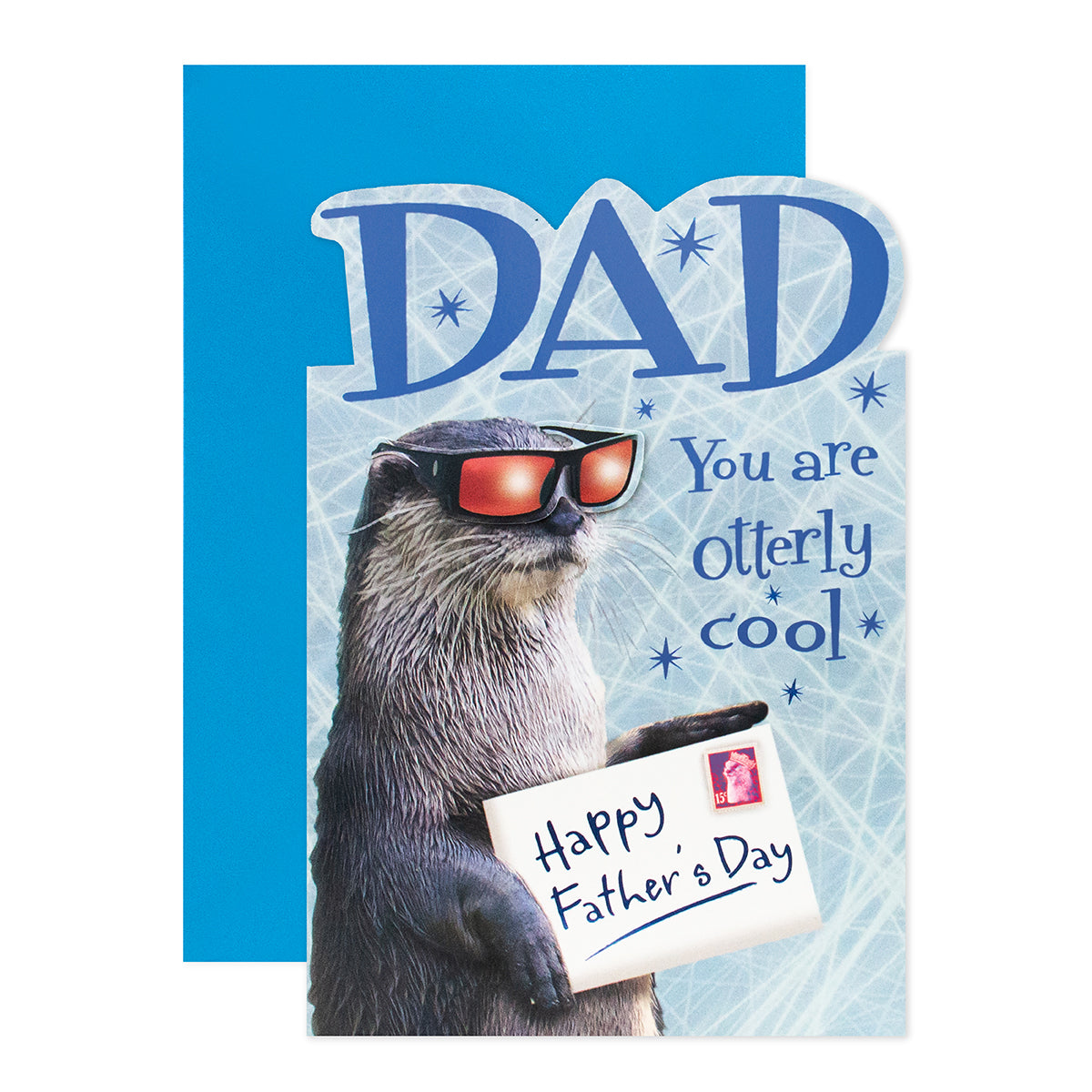 Hallmark Father's Day Card - Dad, you're otterly cool featuring an otter in sunglasses on a blue background with a humorous message.