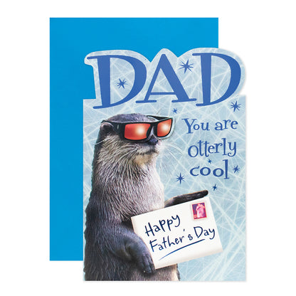 Hallmark Father's Day Card - Dad, you're otterly cool featuring an otter in sunglasses on a blue background with a humorous message.
