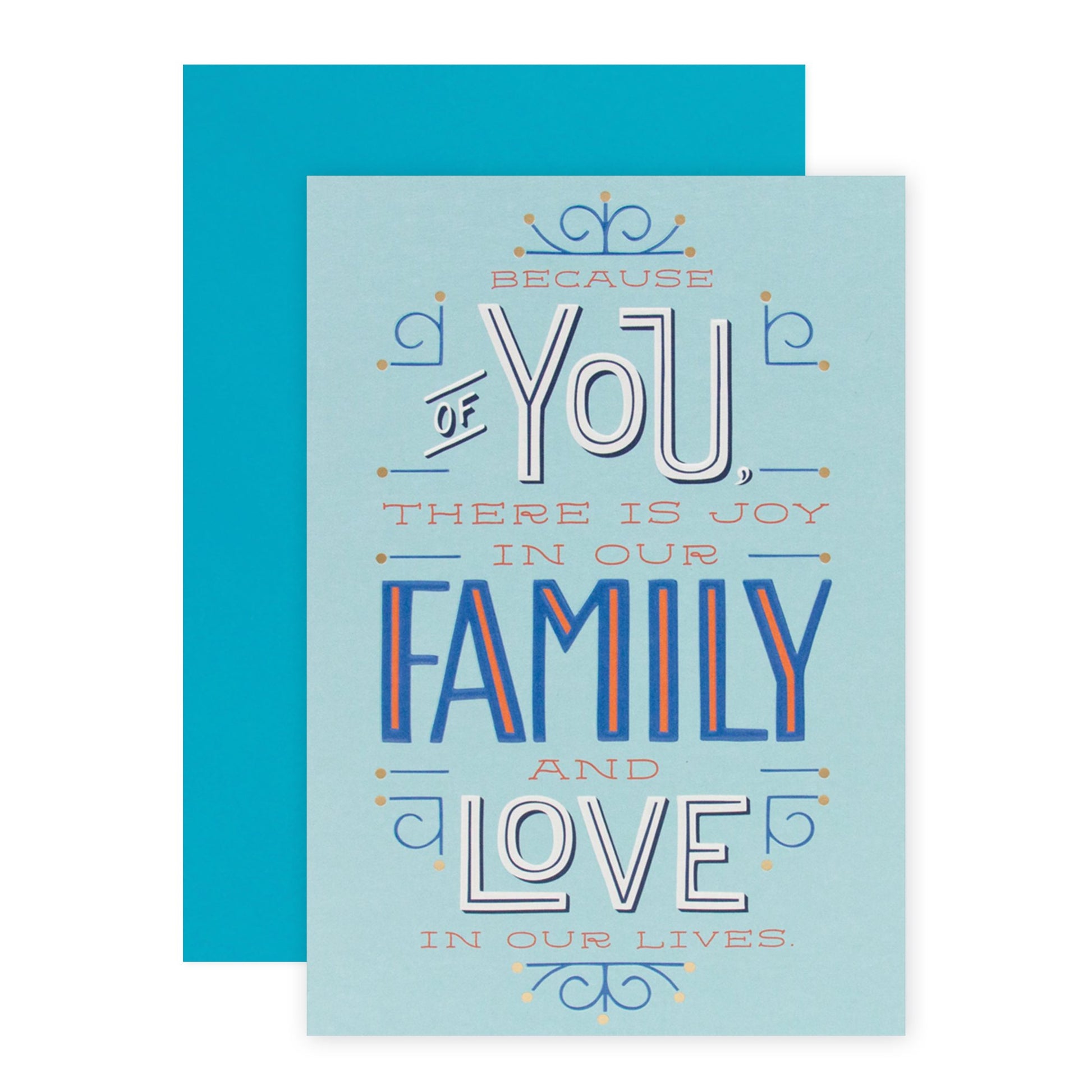 Hallmark Father's Day Card - Joy & Love (For Husband) with colourful lettering and a blue envelope, displayed flat.