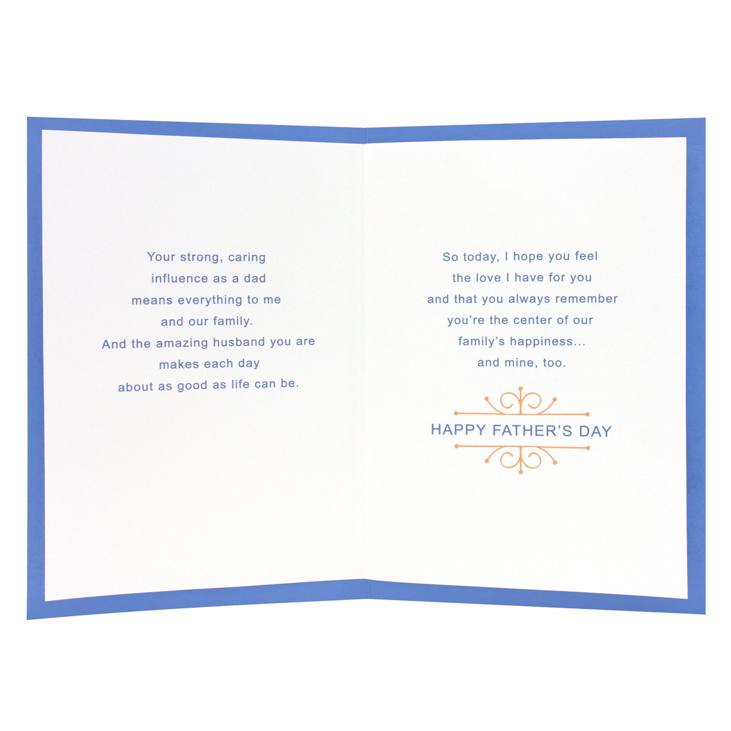 Hallmark Father's Day card - Joy & Love (For Husband) open view showcasing heartfelt messages on white and blue cardstock.